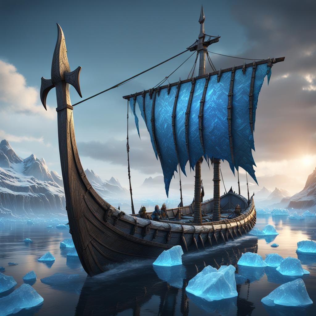 Viking Boat Amidst Jagged Blue Ice Shards