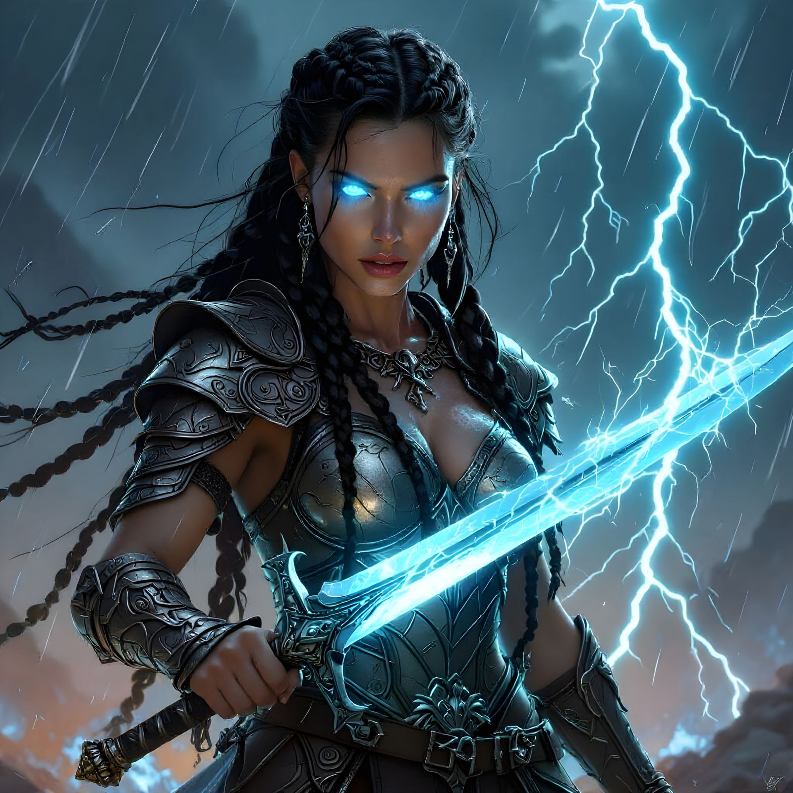 Fierce Warrior Woman with Glowing Sword in Electric Storm