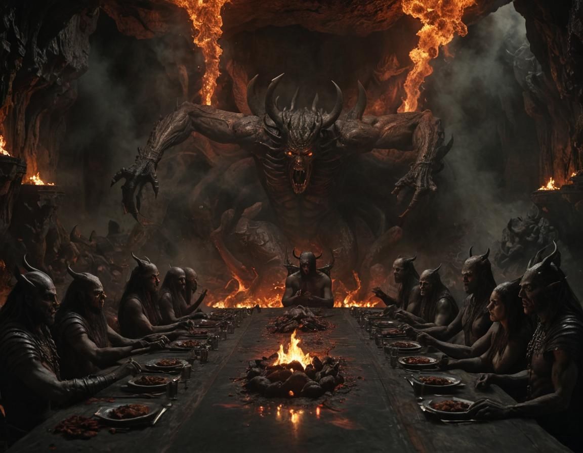 An evil Hyperrealistic, highly detailed recreation of Leonardo da Vinci's "Last Supper" with Satan in the center and 12 ...