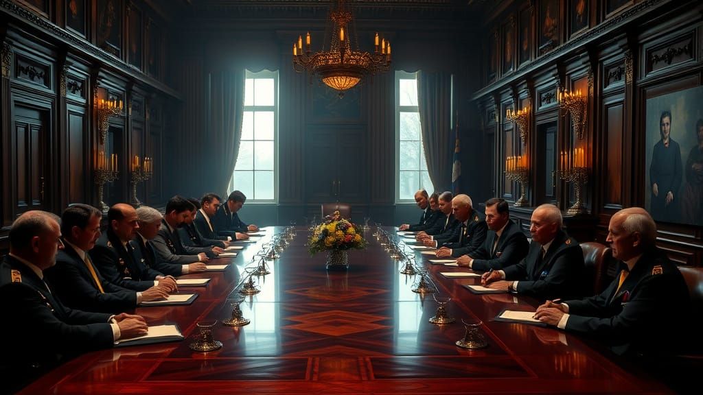 Grand Diplomats Sign Historic Treaty in Ornate Boardroom