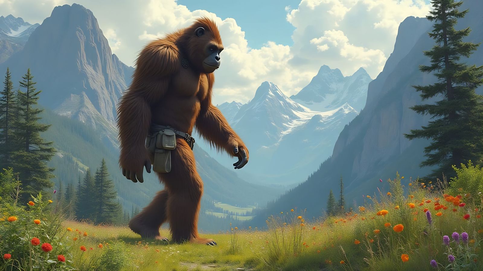 Majestic Sasquatch Strolls Through Lush Alpine Meadow