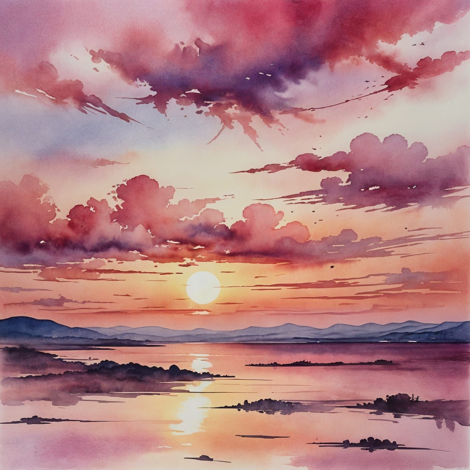 Pink Sunset Sky in Watercolour