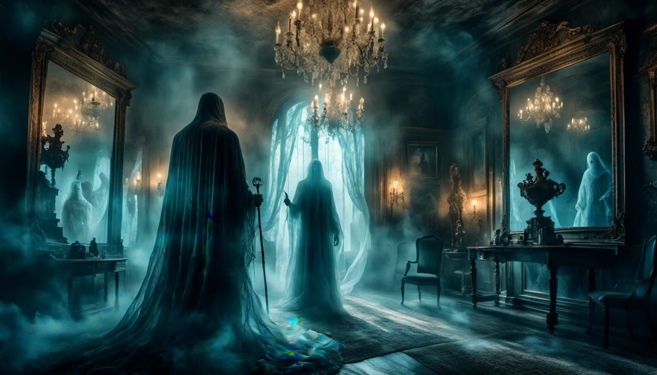 Ghost Steps Through Mirror in Surrealist Style