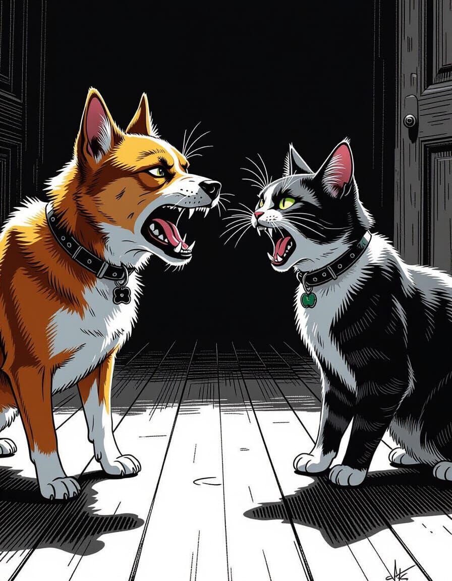 Furious Dog and Angry Cat Confrontation