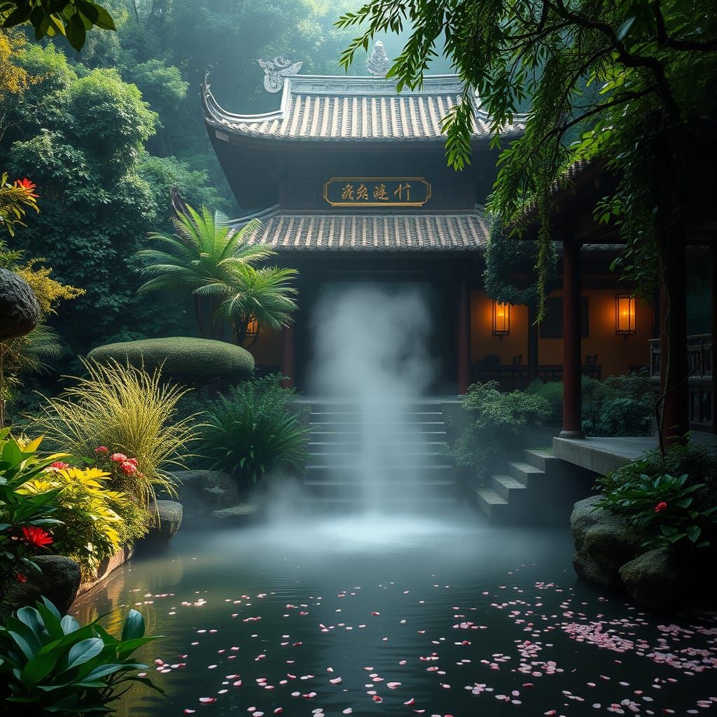 Ancient Asian Temple Sanctuary in Vibrant Greenery