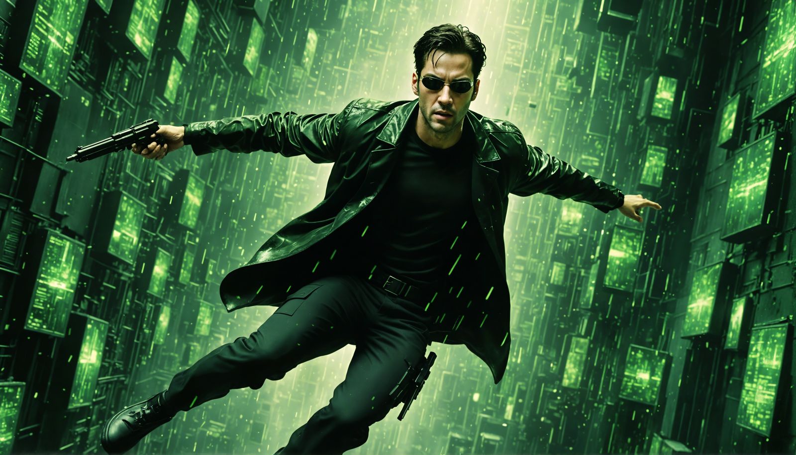 Neo in the Matrix: Detailed Watercolor Film Still