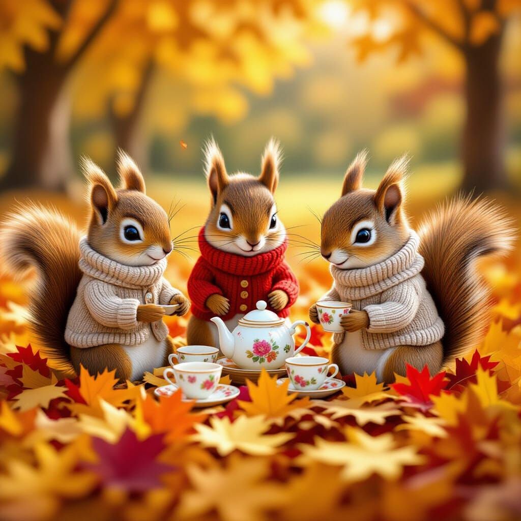 Anthropomorphic Squirrels Enjoy Autumn Tea Party