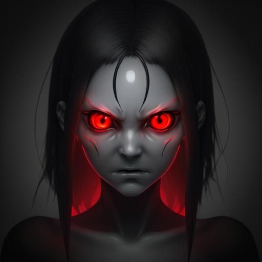 A smooth, featureless face with glowing red eyes that seem to pierce the viewer's soul.
