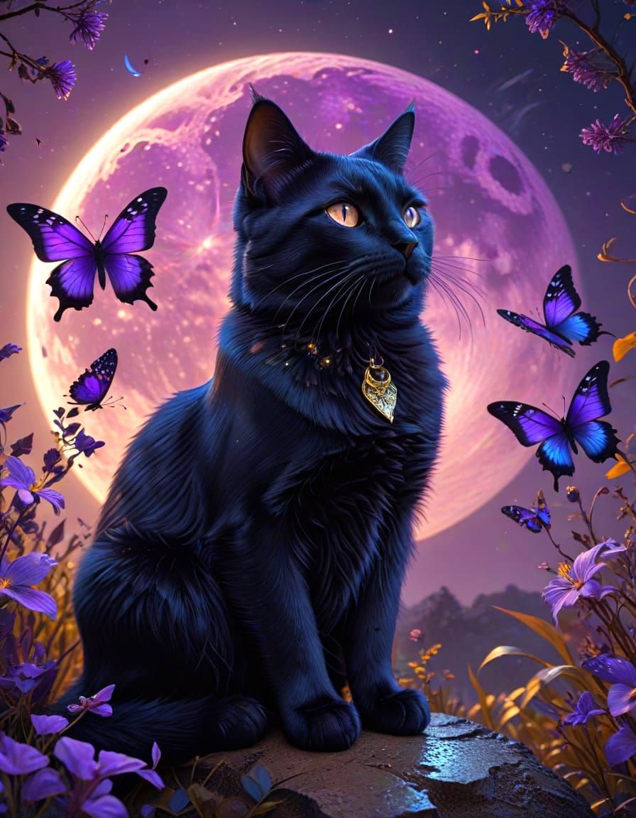Gilded Black Cat with Butterflies: Hyperdetailed Fantasy Art