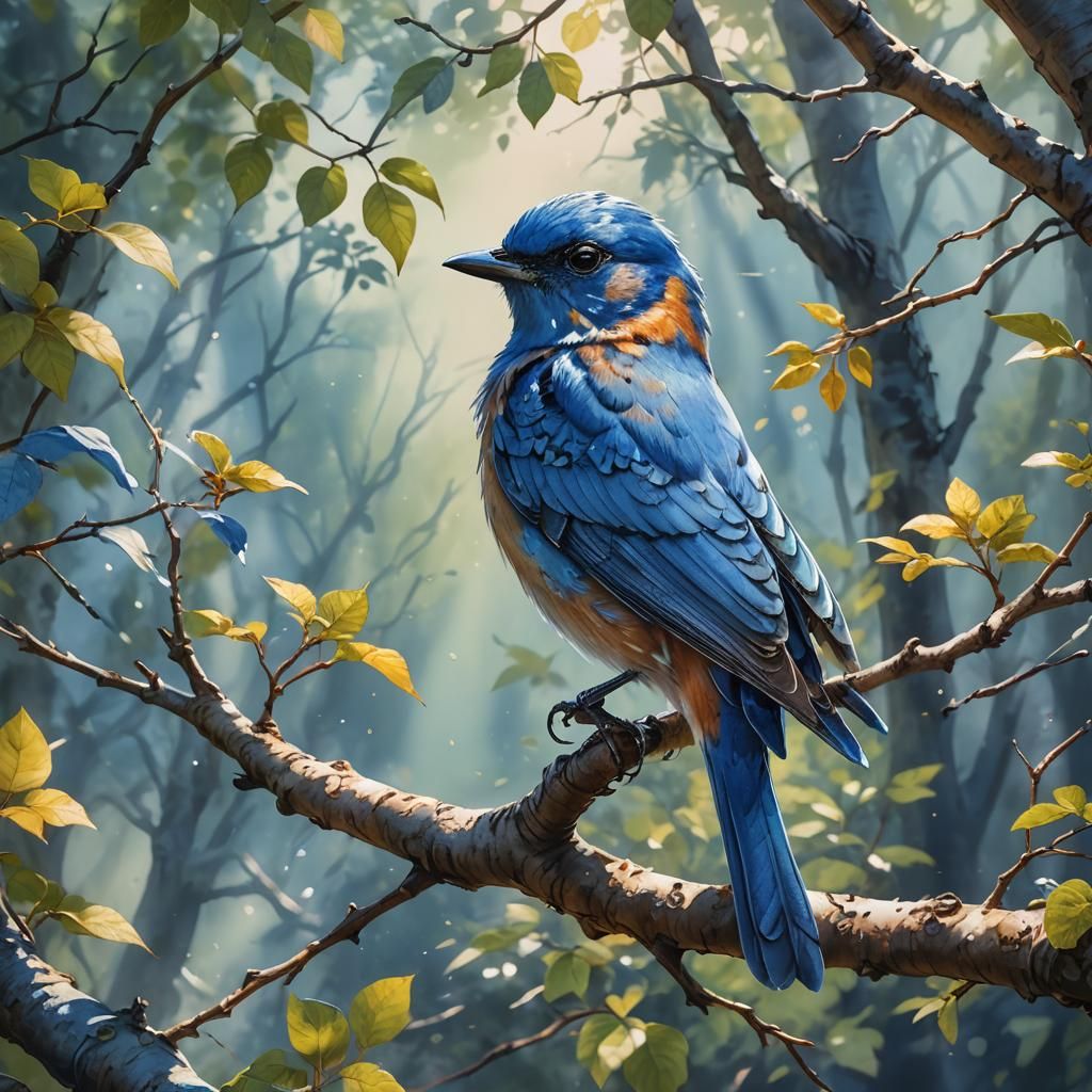 Watercolor Blue Bird in Sunlight: Detailed Painting