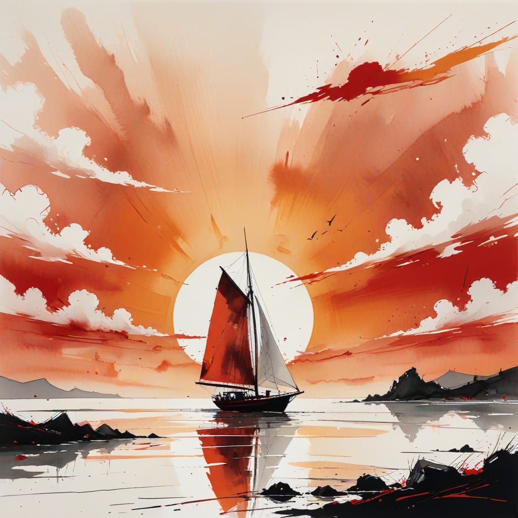 Elegant Sailboat at Sunset: Sumi-e and Pastel Style