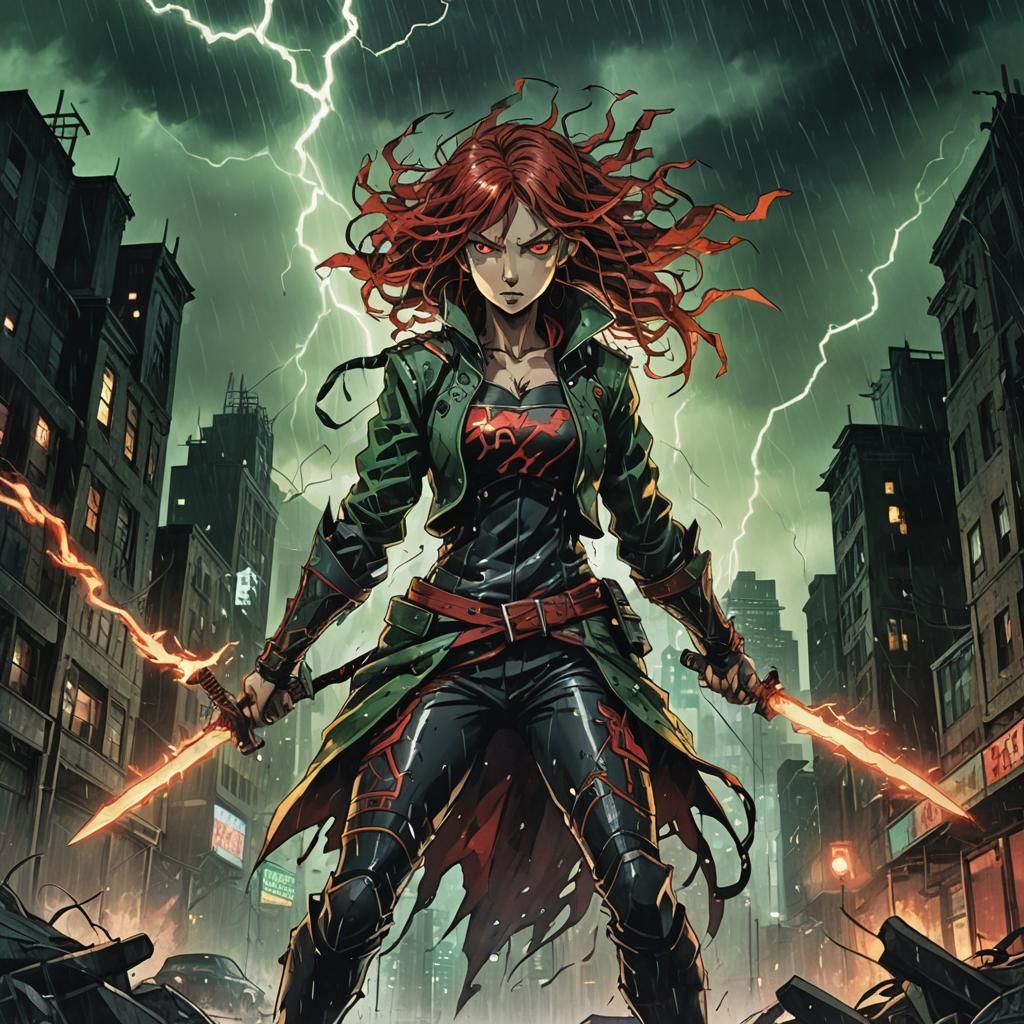 Dark Fantasy Anime Woman Fighter in Dystopian City