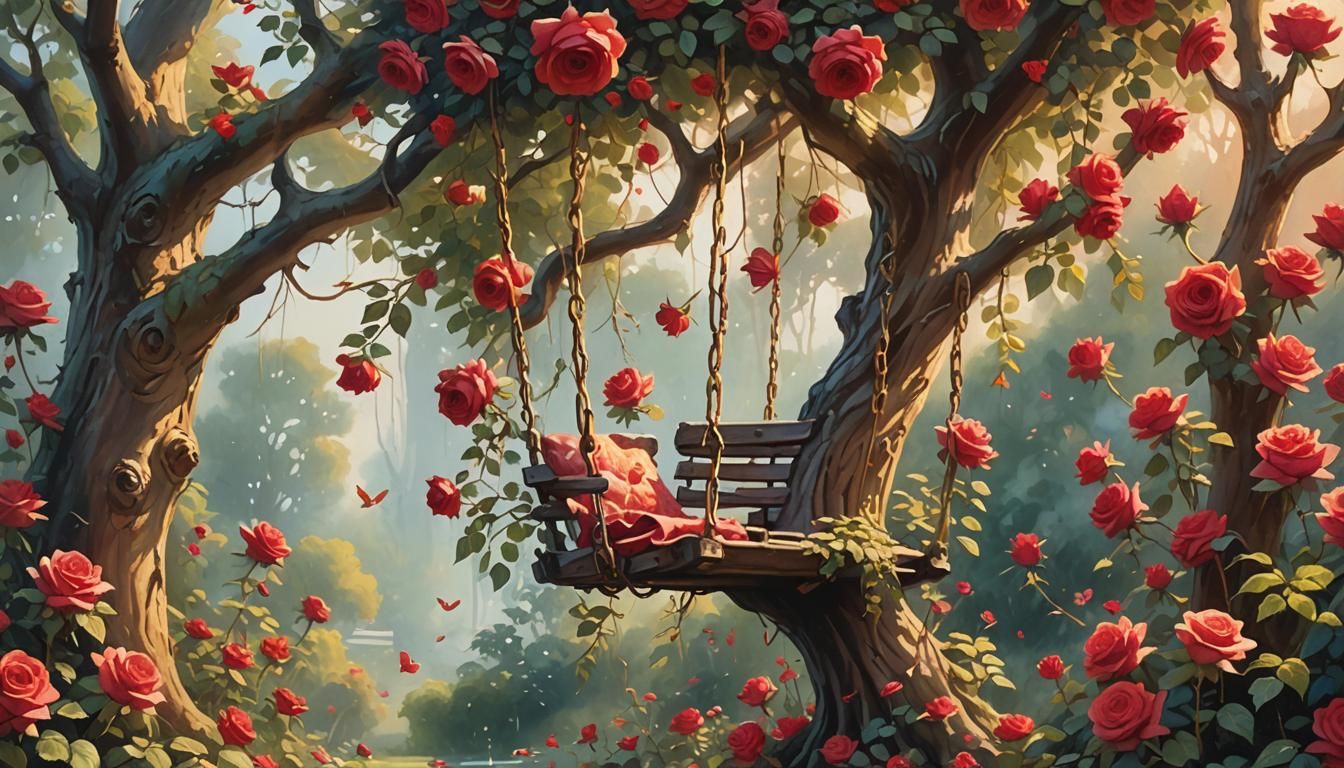 Ethereal Rose Garden Swing in Gouache Style