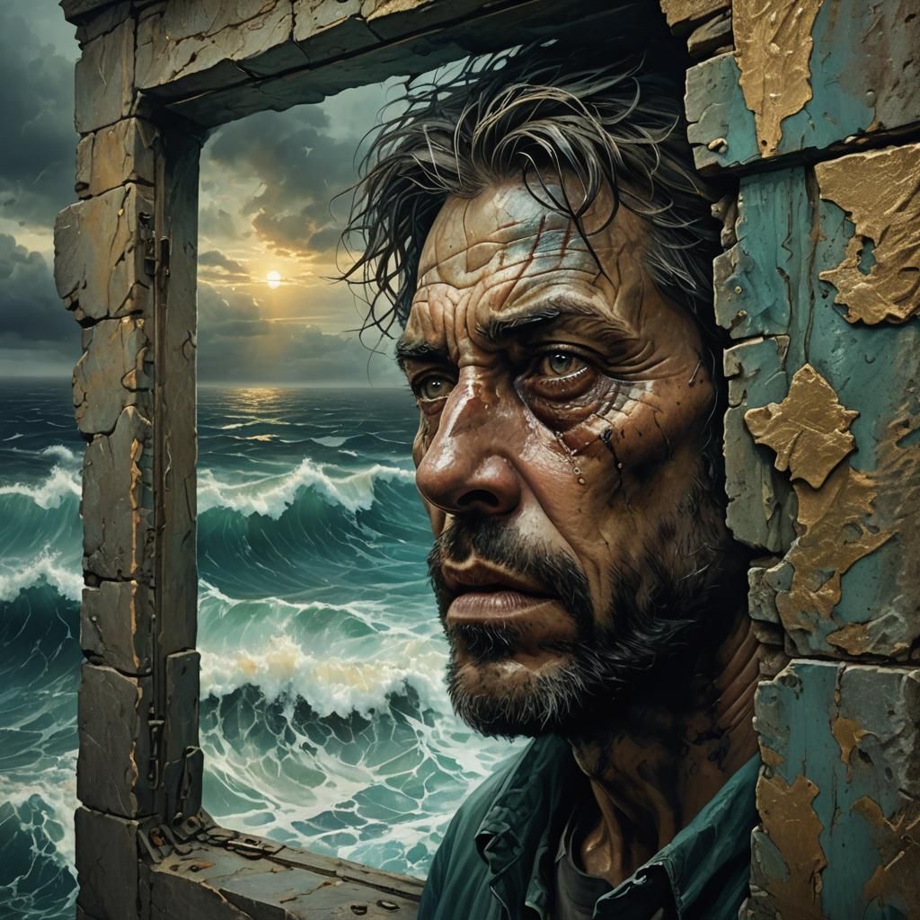Tortured Face Gazing at Turbulent Ocean in Dark Fantasy