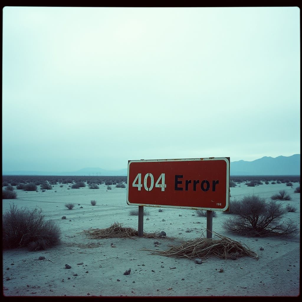 Dystopian 404 Error Sign in a Haunting Desert Landscape