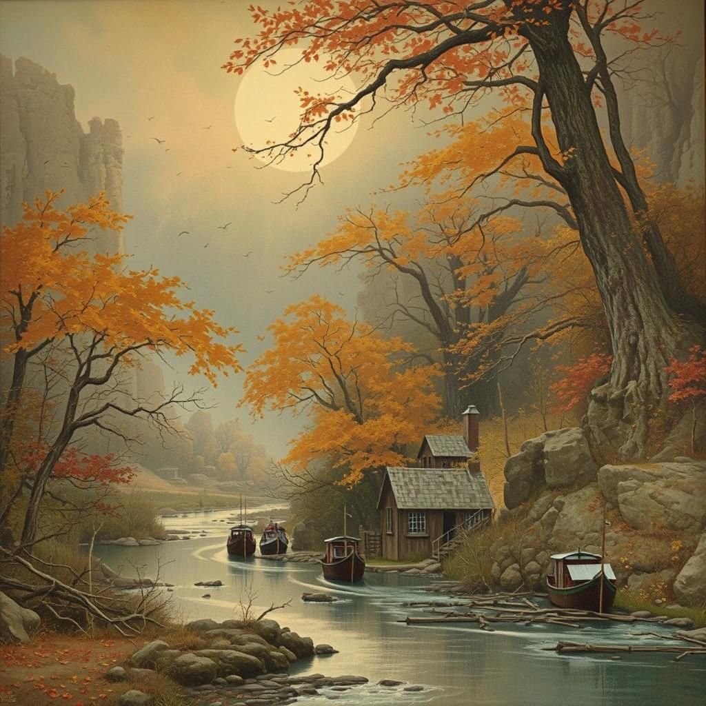 Autumn River Valley: Art Nouveau Illustration