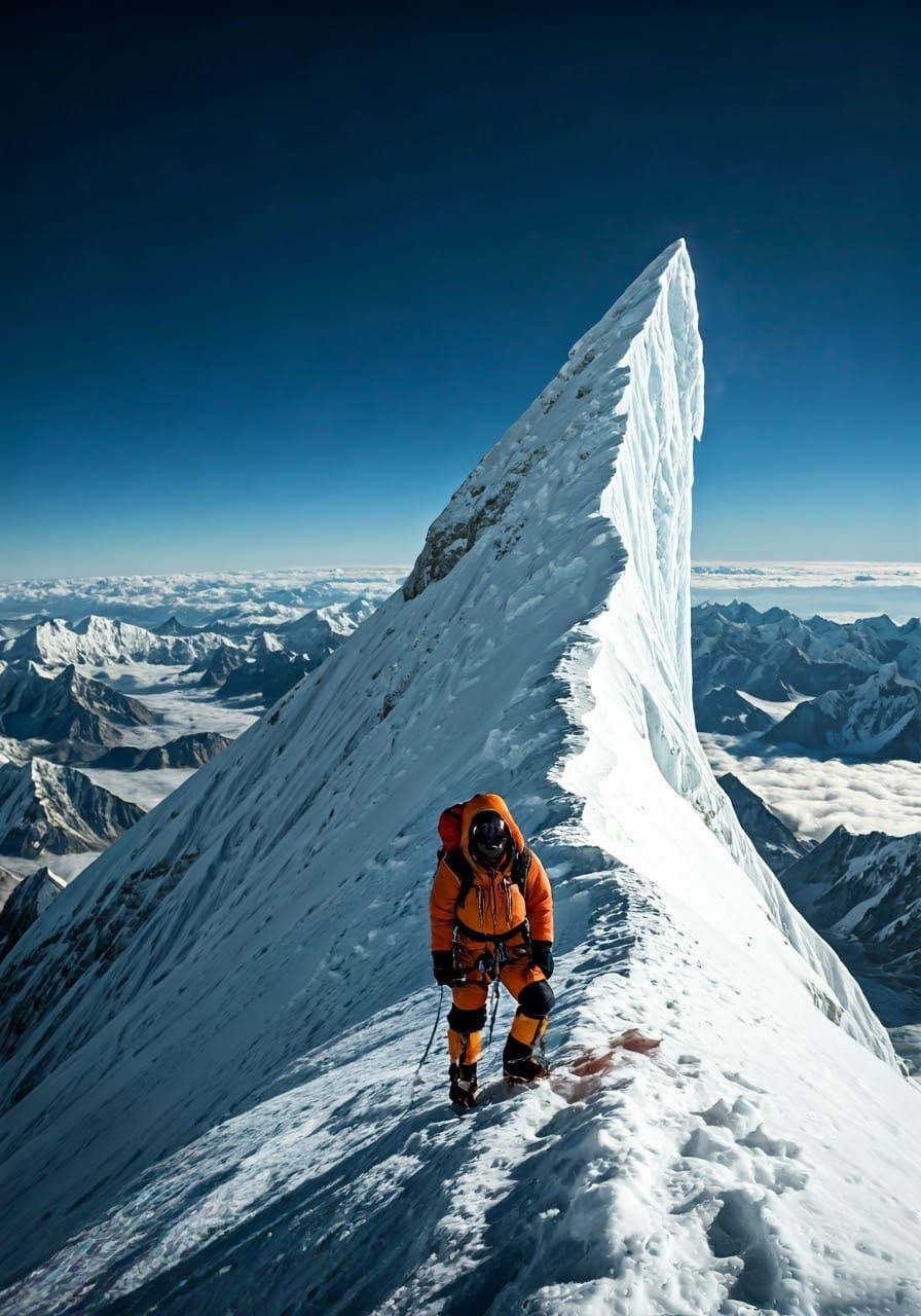 Majestic Climber on Everest's Windswept Summit