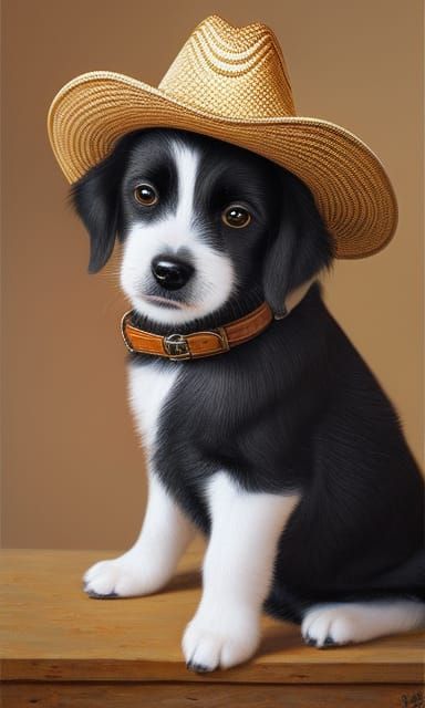 Happy Dog with Cowboy Hat in Hyper-Realistic Oil Painting