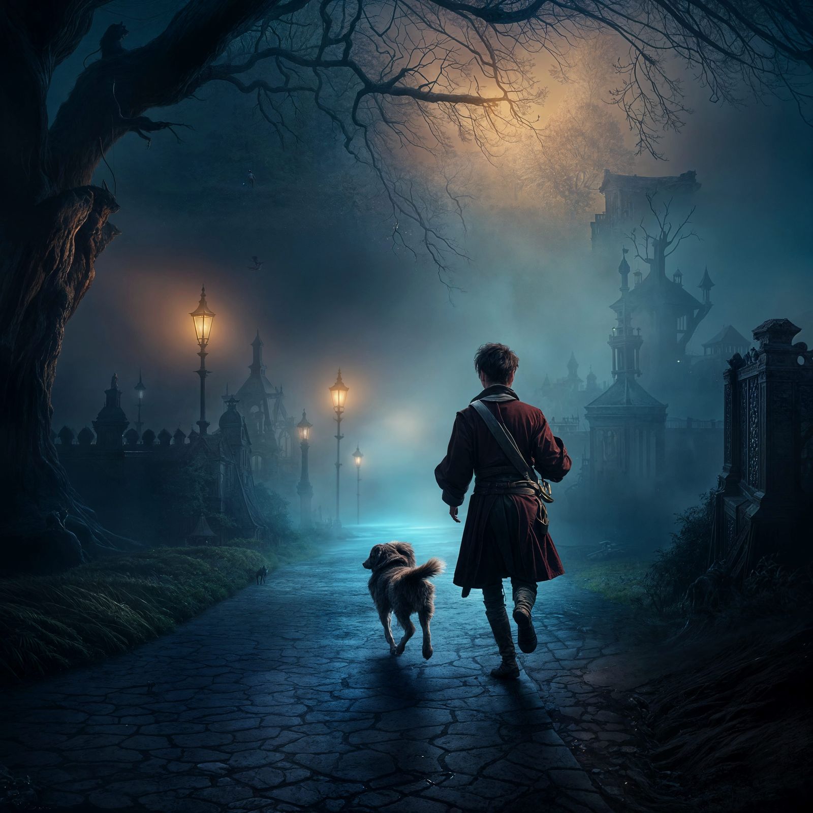 Young Man Chasing Dog in 18th Century Mist