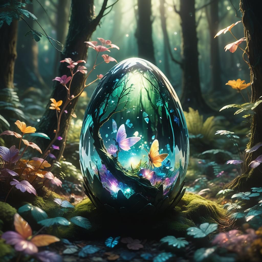 Magical Forest Inside Crystal Egg: Hyperrealistic Art