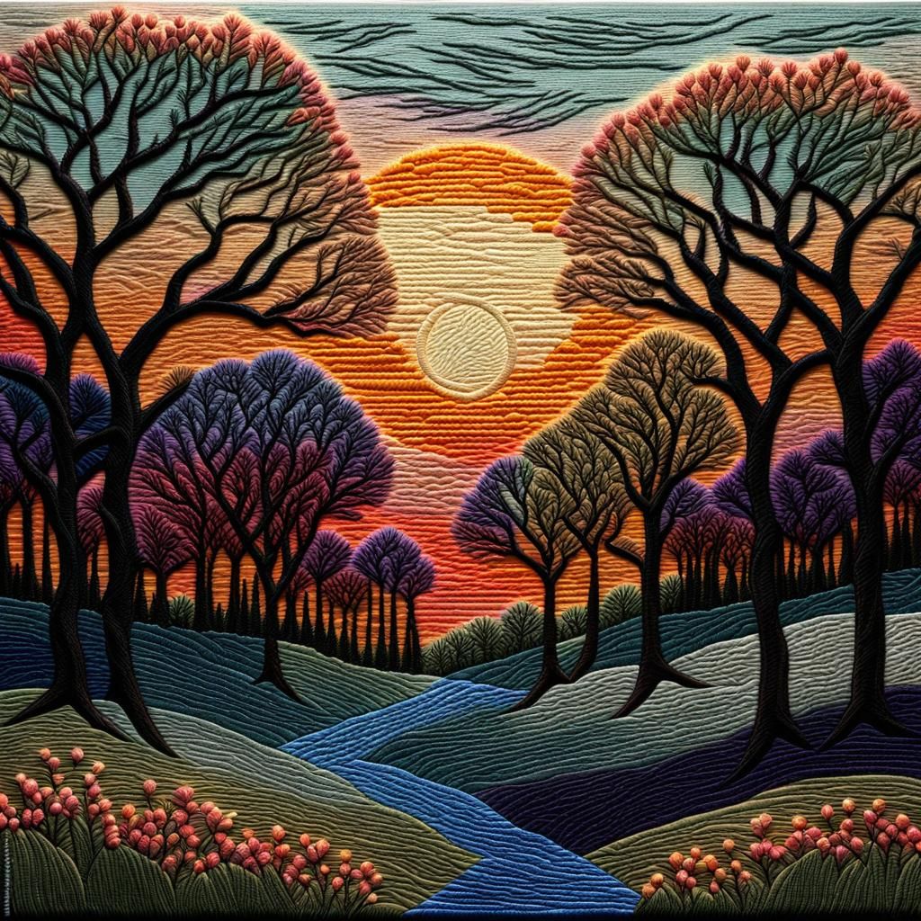 Embroidered Sunset in Spring Forest: Crewel Embroidery Art