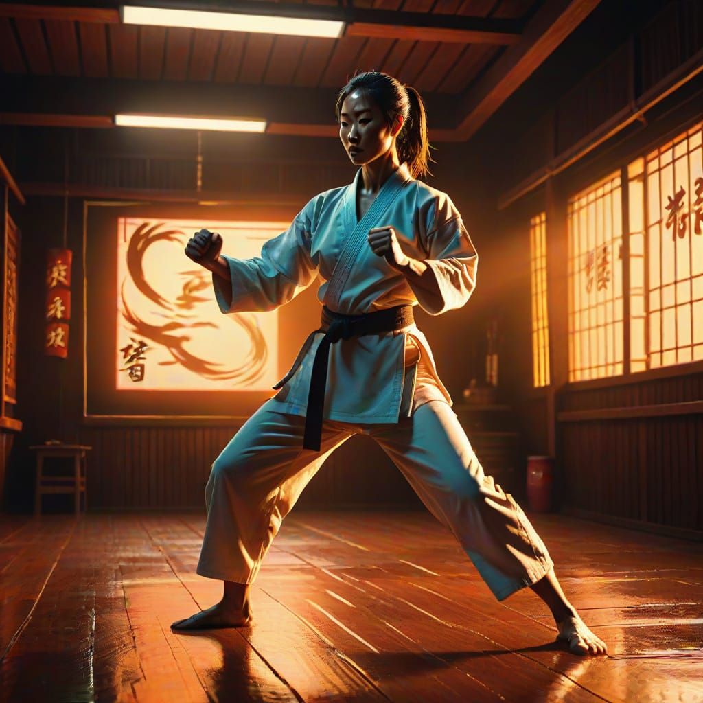 A female karate master performs a kata in a dojo.