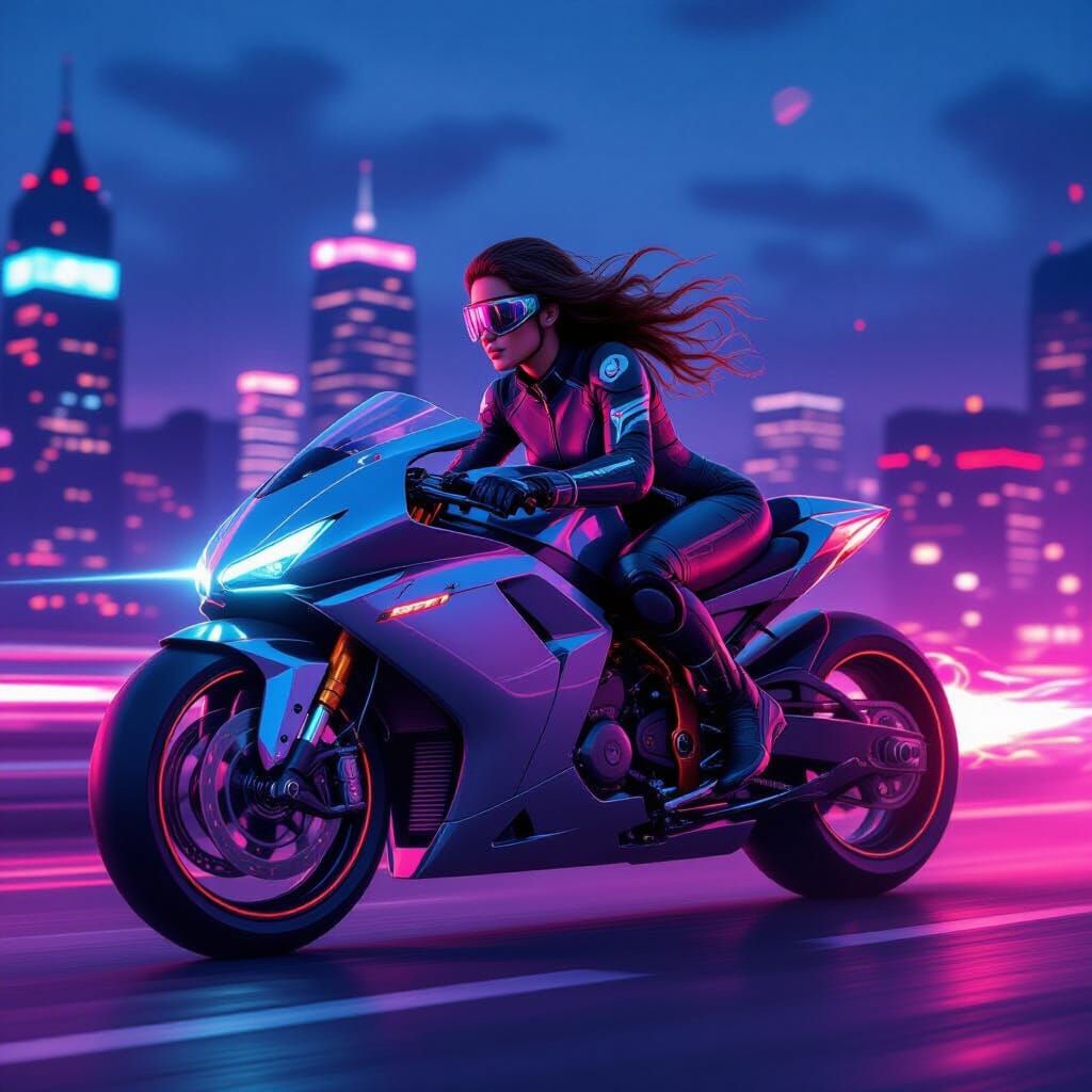 Futuristic Woman Rides Bike in Neon Cityscape