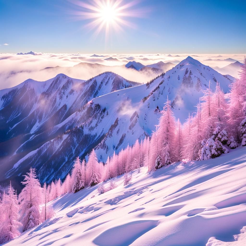 Pink Iridescent Snowfall on Mountain Range