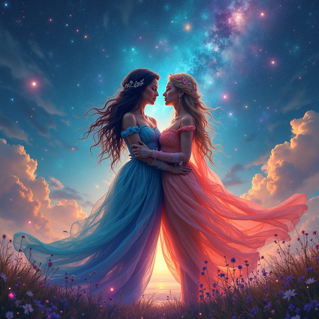Cosmically Entwined Lovers Under Starry Sky