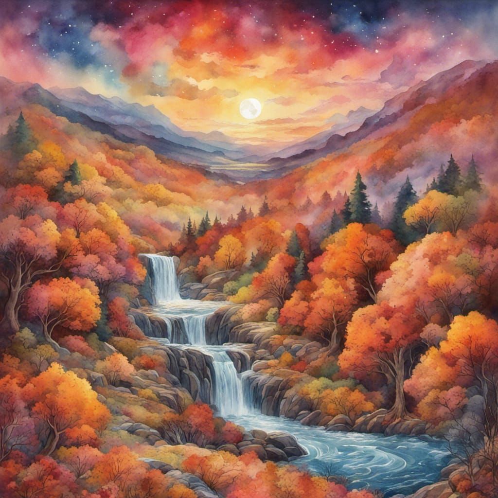 Autumn Valley Sunset with Waterfall in Watercolor