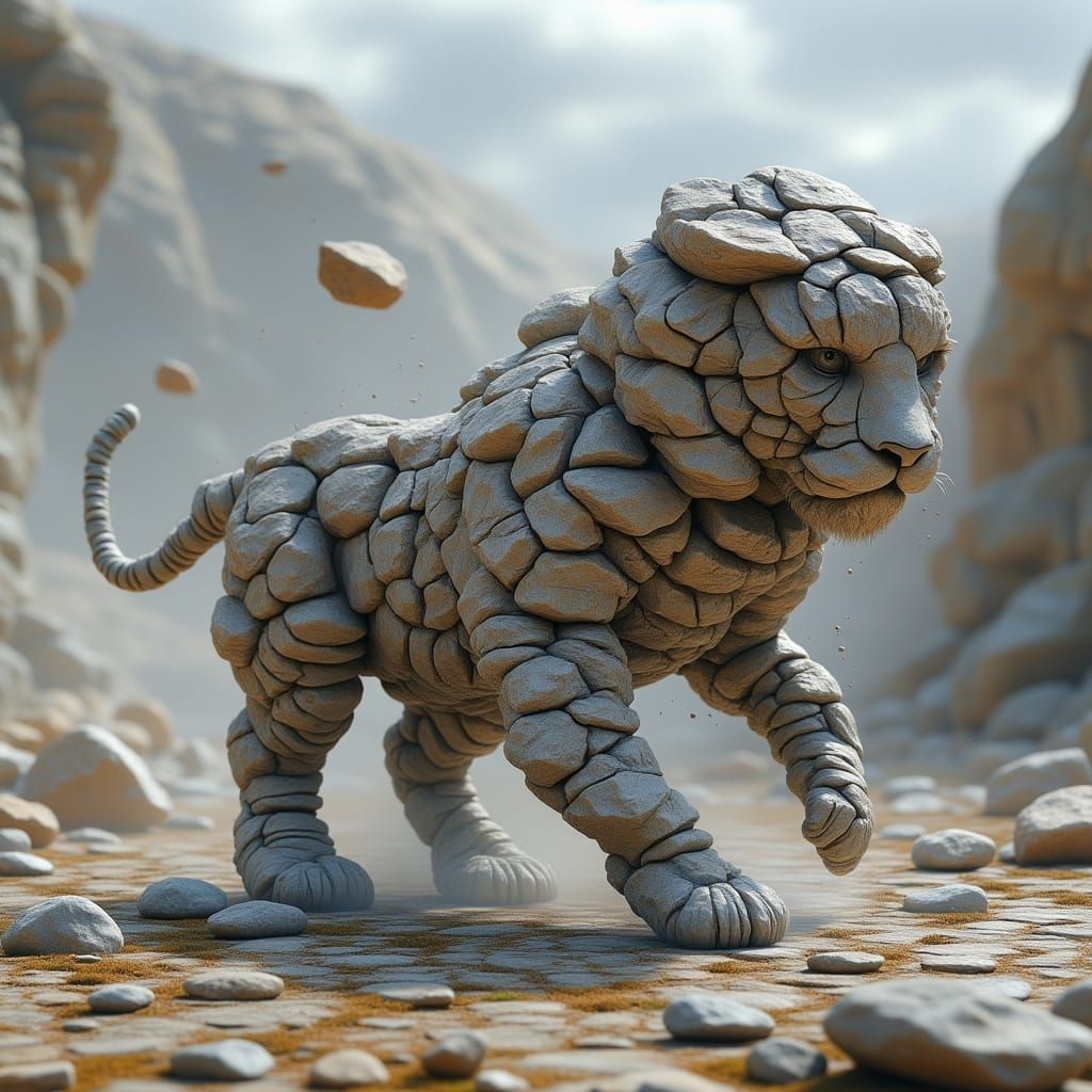 Majestic Rock Tiger Tumbling Through Surreal Landscape