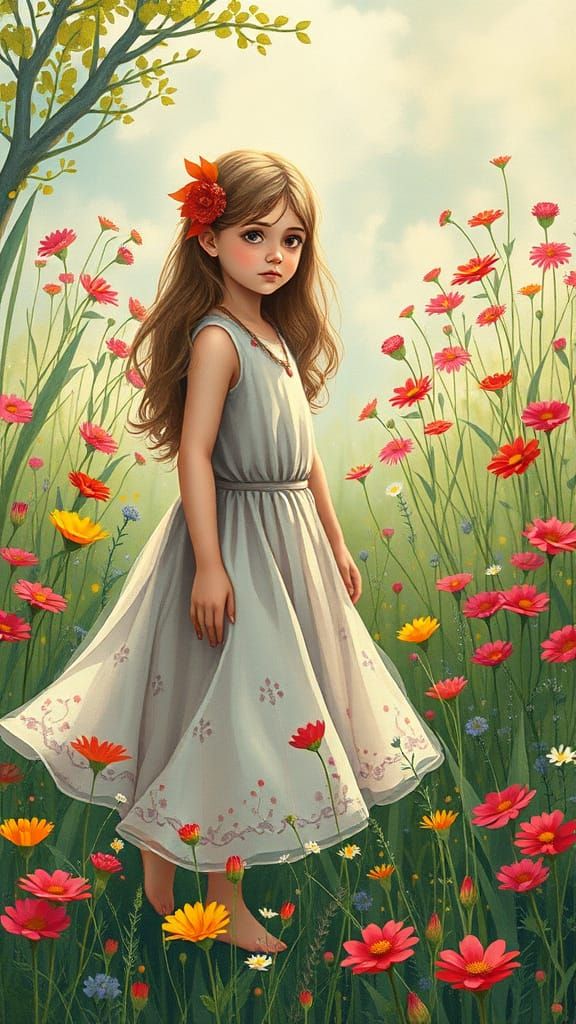 Girl in Meadow, Alphonse Mucha Inspired Art