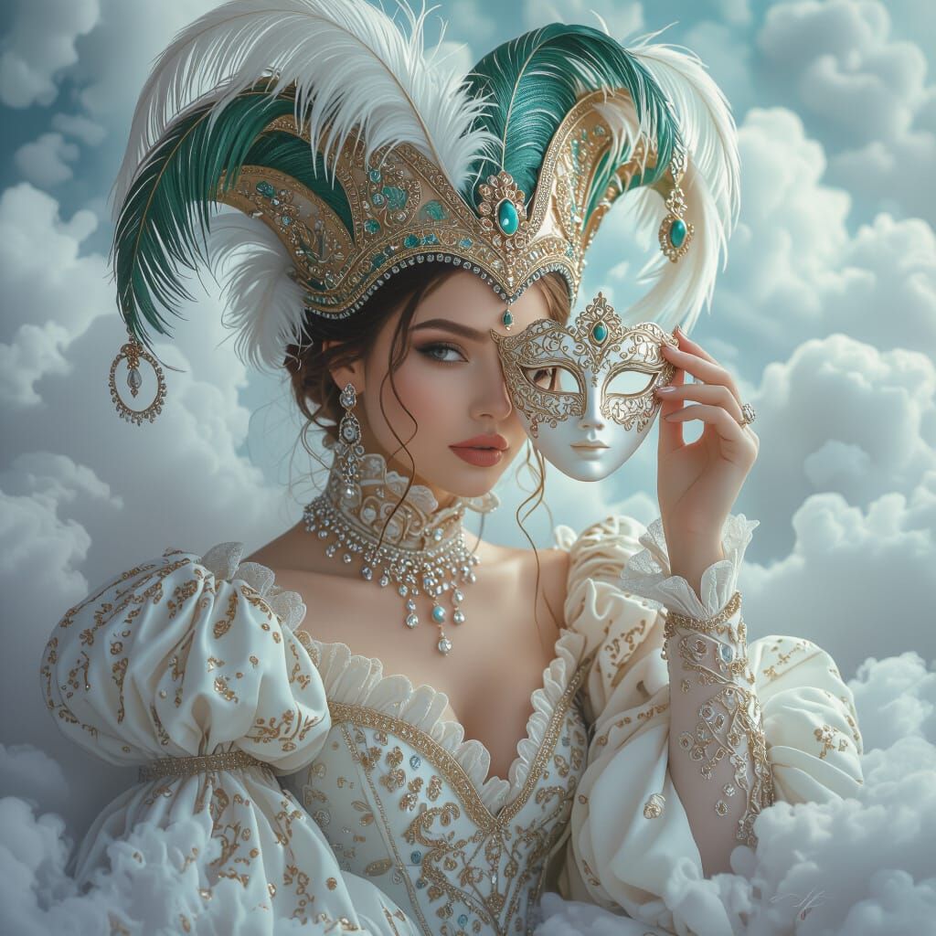 Woman in Jester Hat with Mask in Dreamy Style
