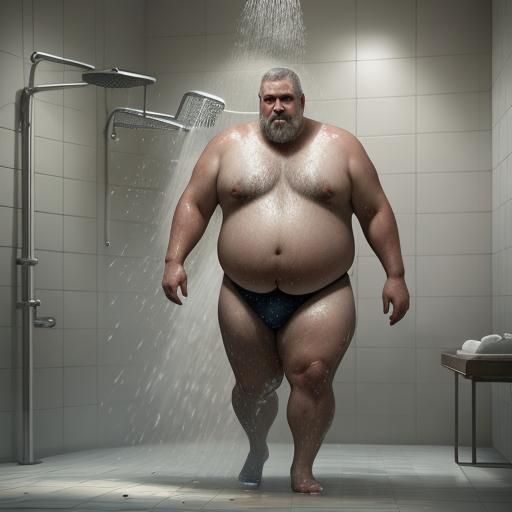 Hyperrealistic Bare Fat Man Showering