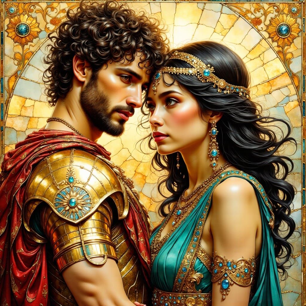 Ornate Portrait of Italian Man and Egyptian Woman in Art Nou...