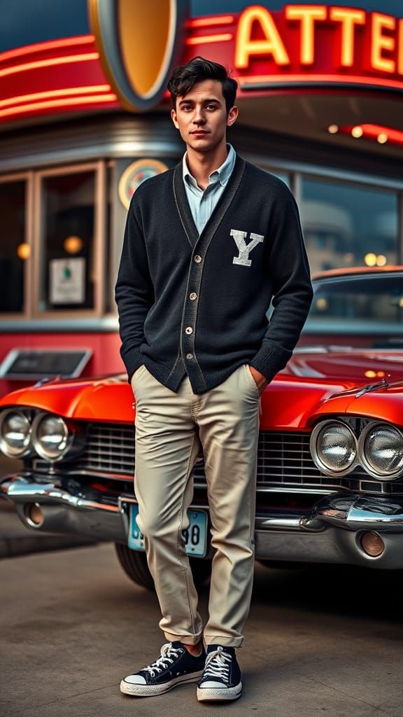 Hyperrealistic Image of 1950s Man Outside Diner