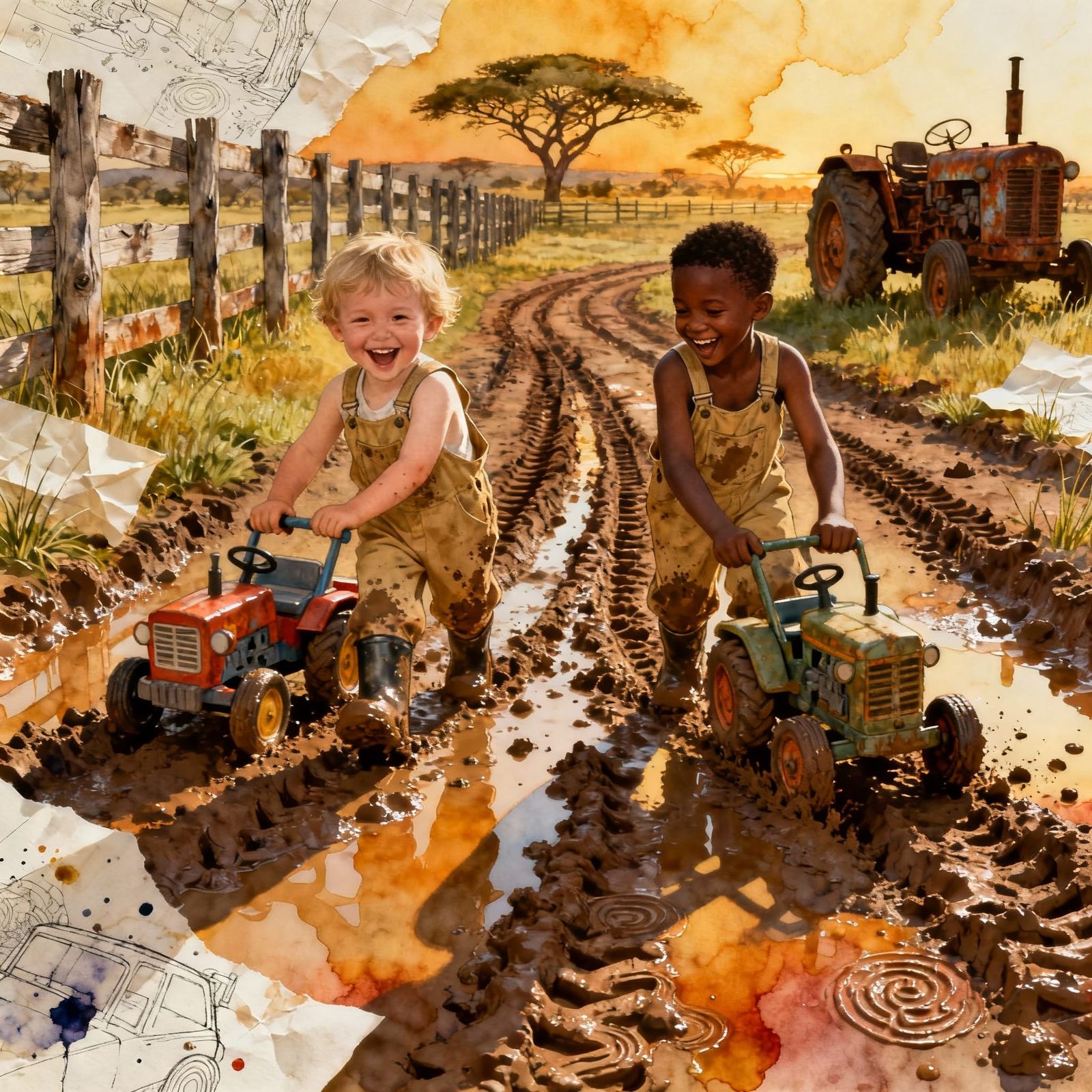 Boys Playing in Muddy Tractor Tracks on a Farm