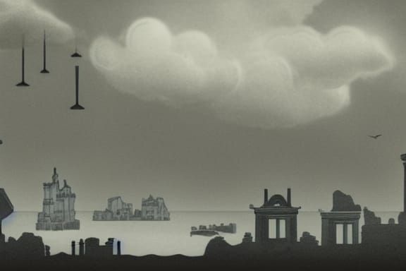 Victorian Greyscale Illustration: Floating City Above Ruins