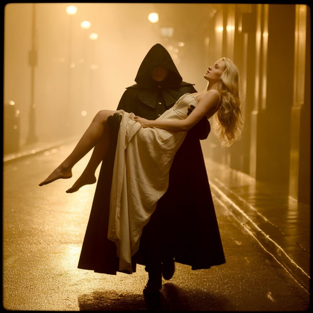 Mysterious Figure in Mist-Shrouded City Street