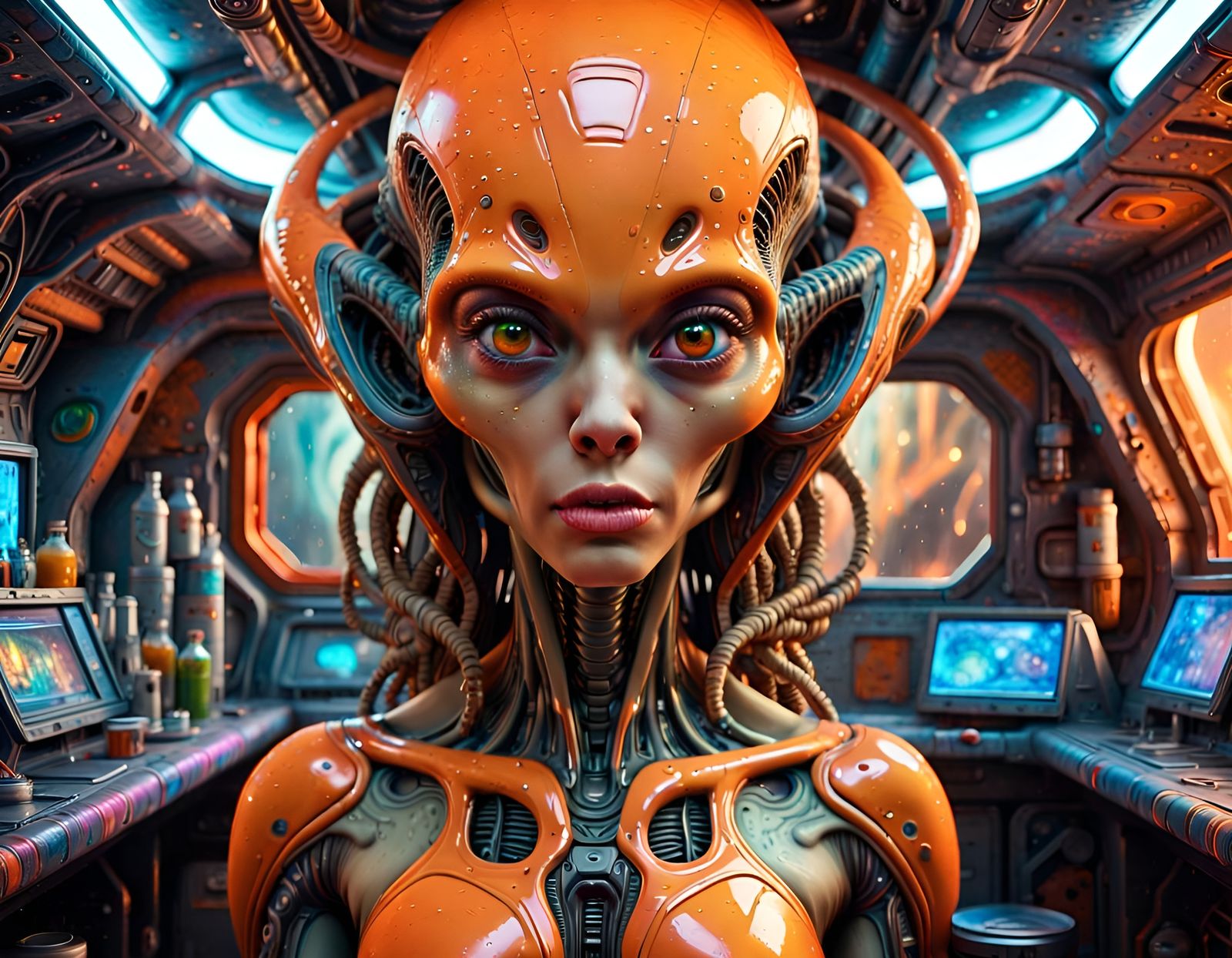 Biomechanical Alien Female in Spaceship Bar: Graffiti Art