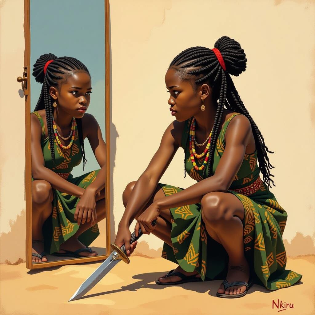 African Girl with Dagger in Traditional Art Style