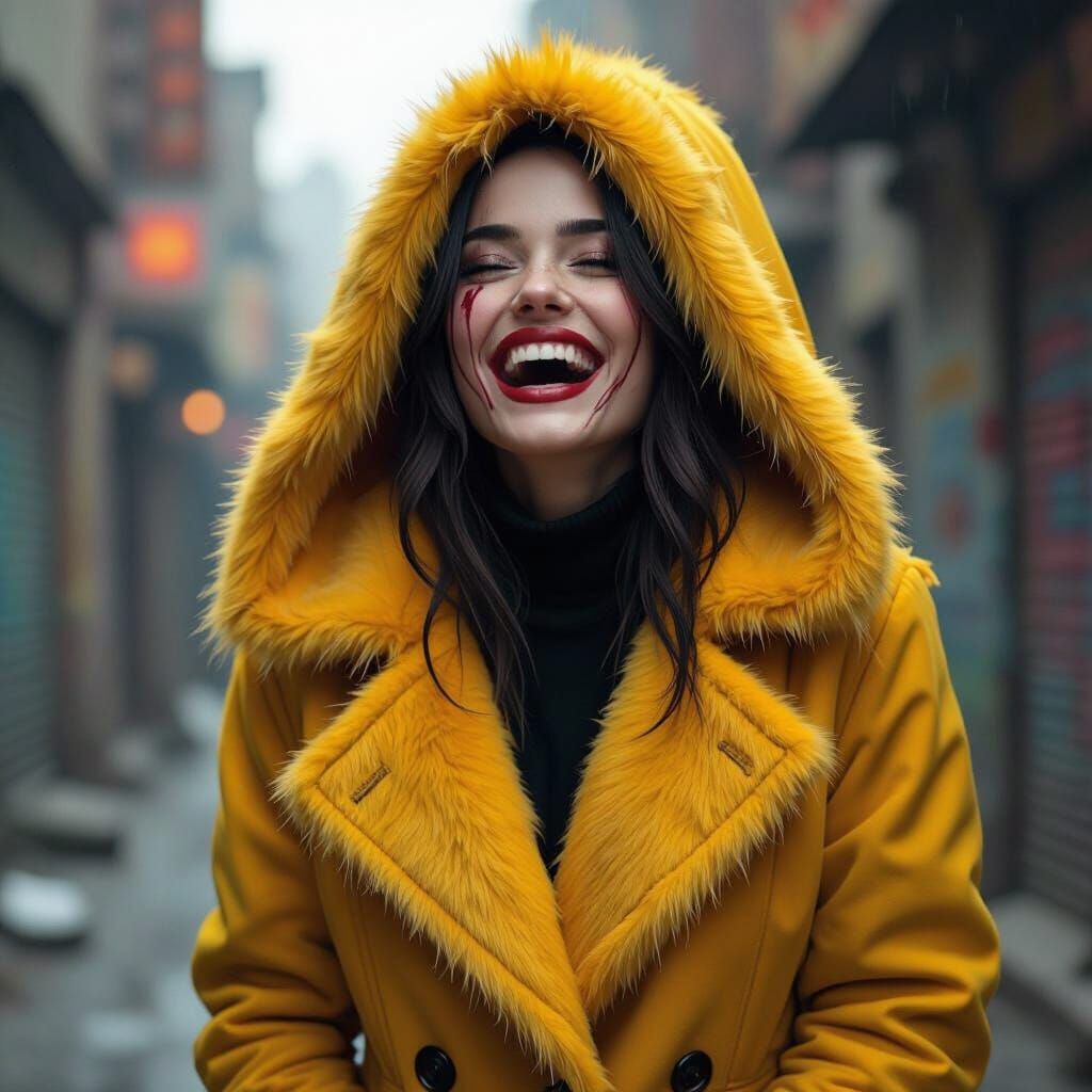 Woman in Yellow Fur Coat Laughs in Gritty Urban Setting