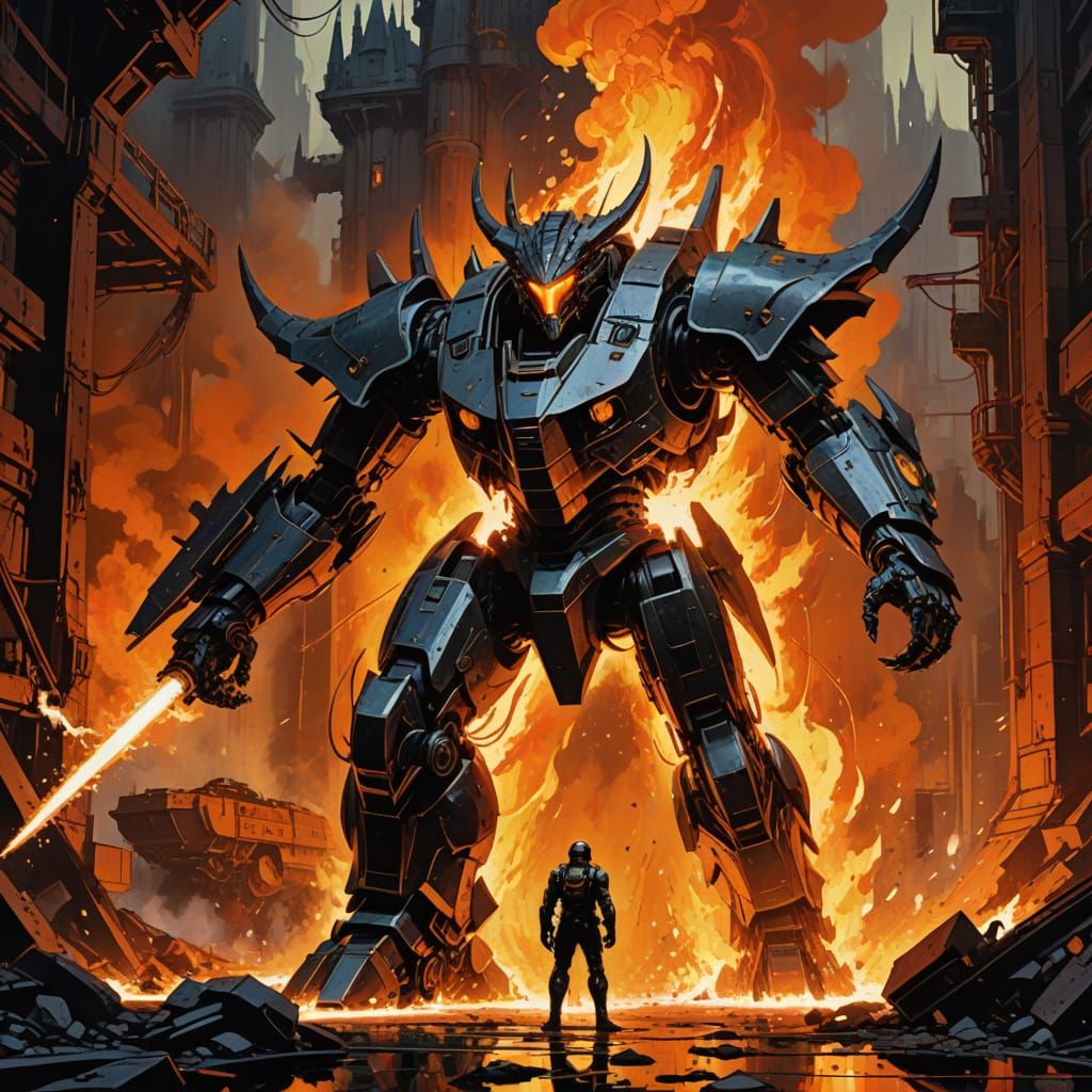 Cyberpunk Dragon Mech Knight in Inferno