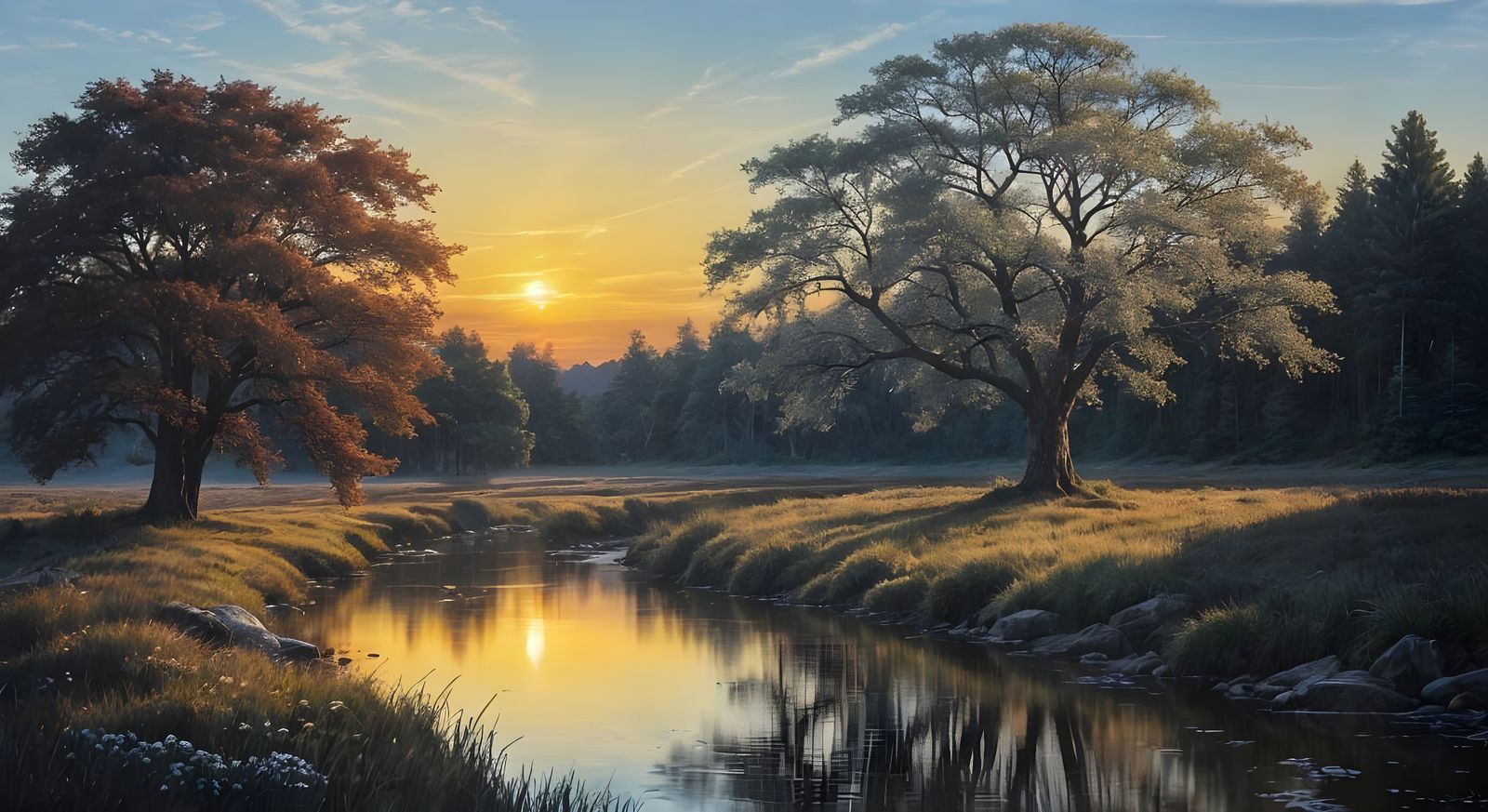 Serene Dawn Landscape in Watercolor Style