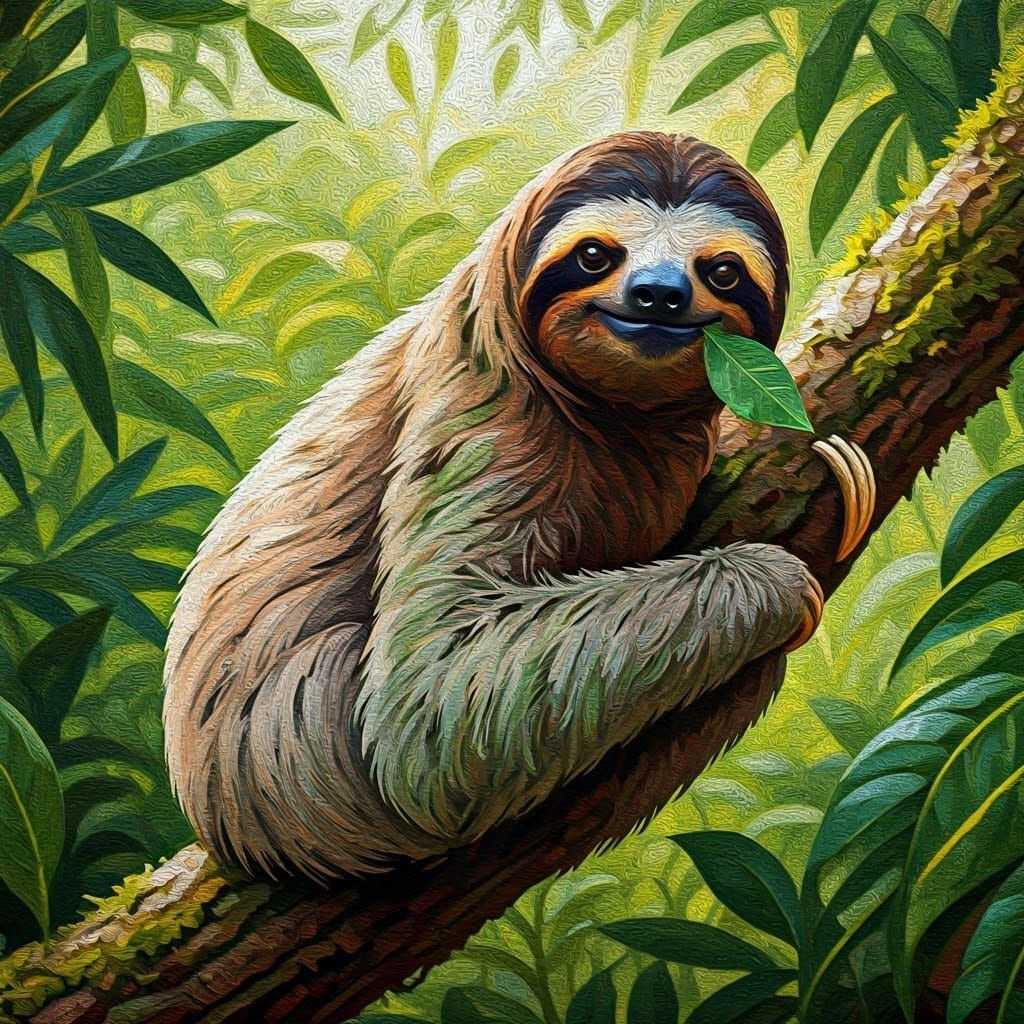 Pointillist Sloth in Rainforest Canopy