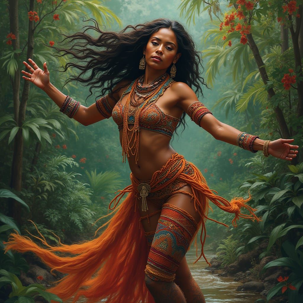 Amazonian Woman Dancing in Jungle, Splash Art Style