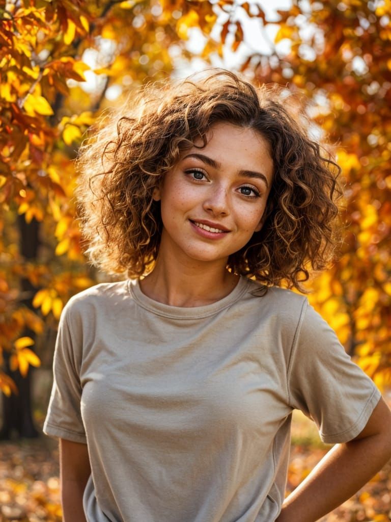Golden Hour Portrait with Autumn Leaves, Realistic Style