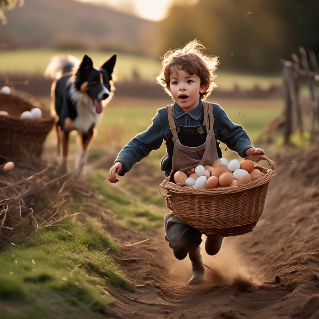 Boy's Farm Mishap: Eggs Fall in Early Morning Run