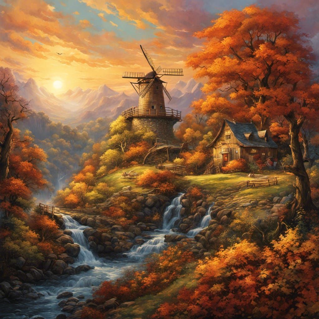 Autumn Landscape Watercolor in Impressionist Style