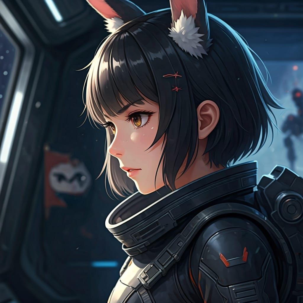 Anime Kemonomimi Warrior in Spacesuit Stares at Enemy